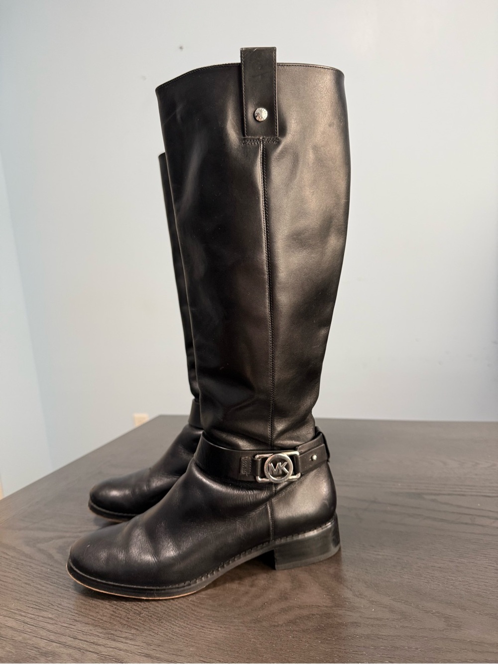 Michael Kors Black Leather Knee High Riding Boots MK Logo Women’s 7.5 M